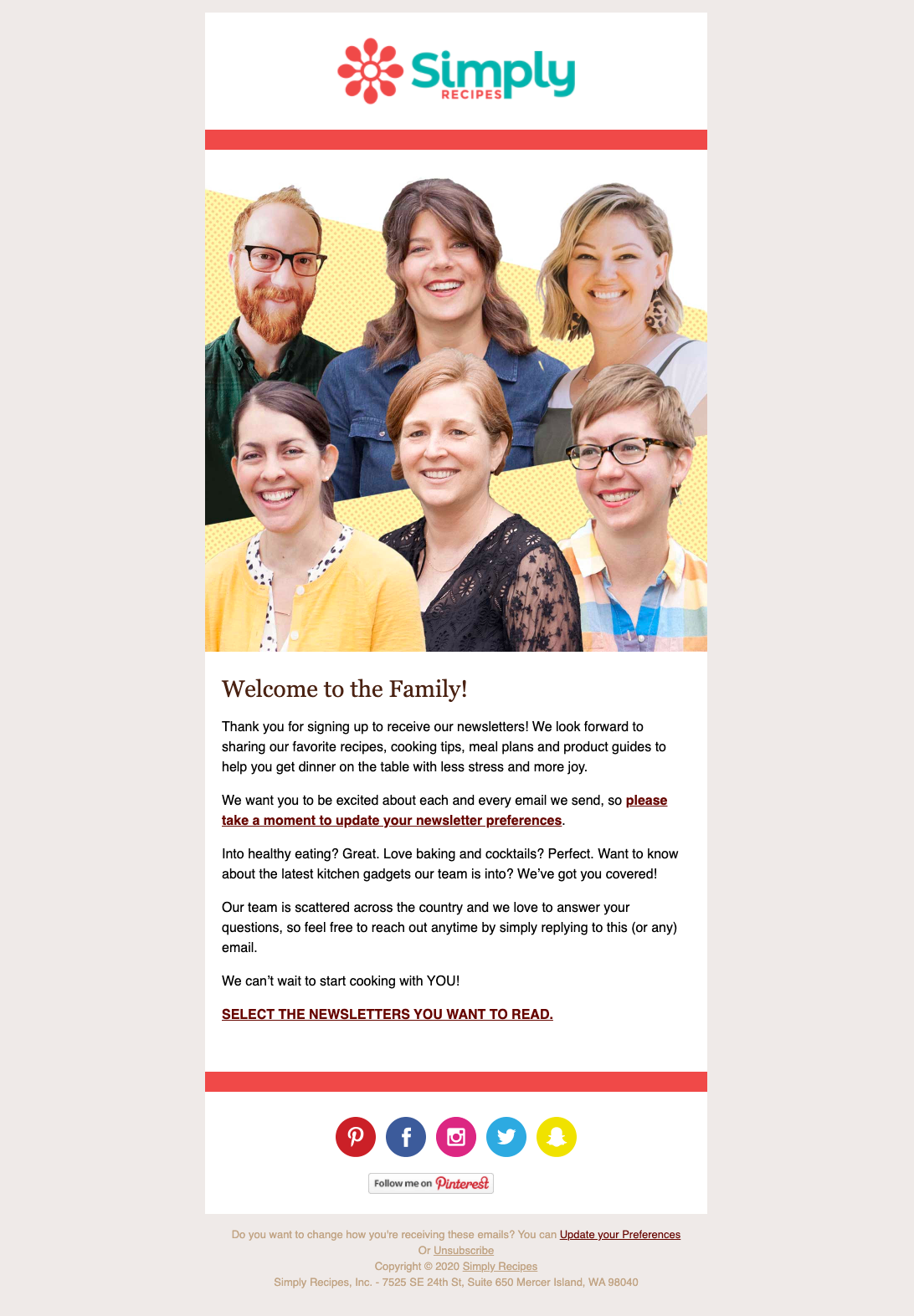 Welcome email from food blog Simply Recipes