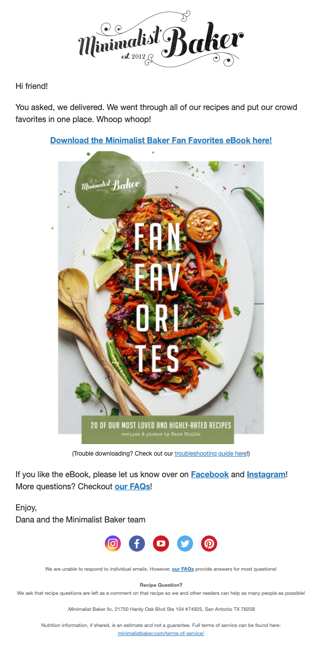 Welcome email from food blogger Minimalist Baker