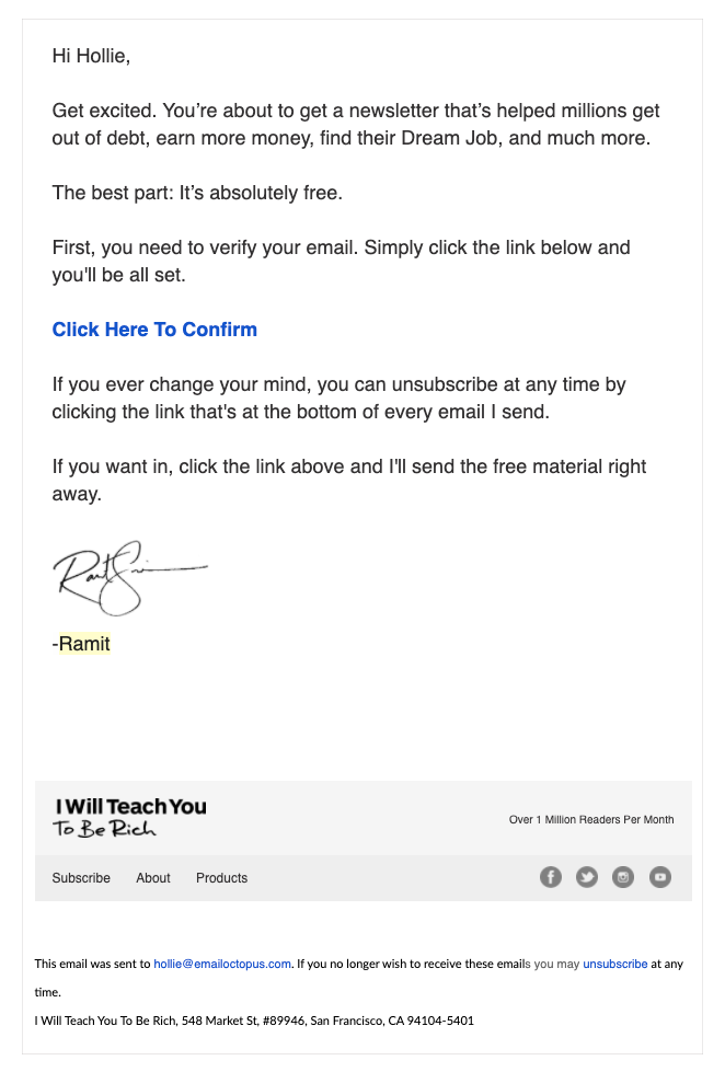 Re-confirmation email sent when a new subscriber joins the I Will Teach You To Be Rich mailing list