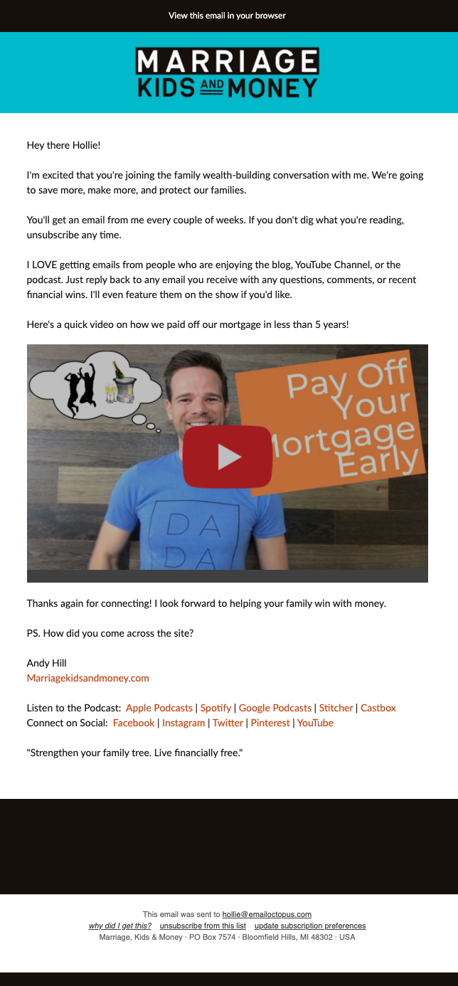 Welcome email from finance blogger Marriage, Kids and Money