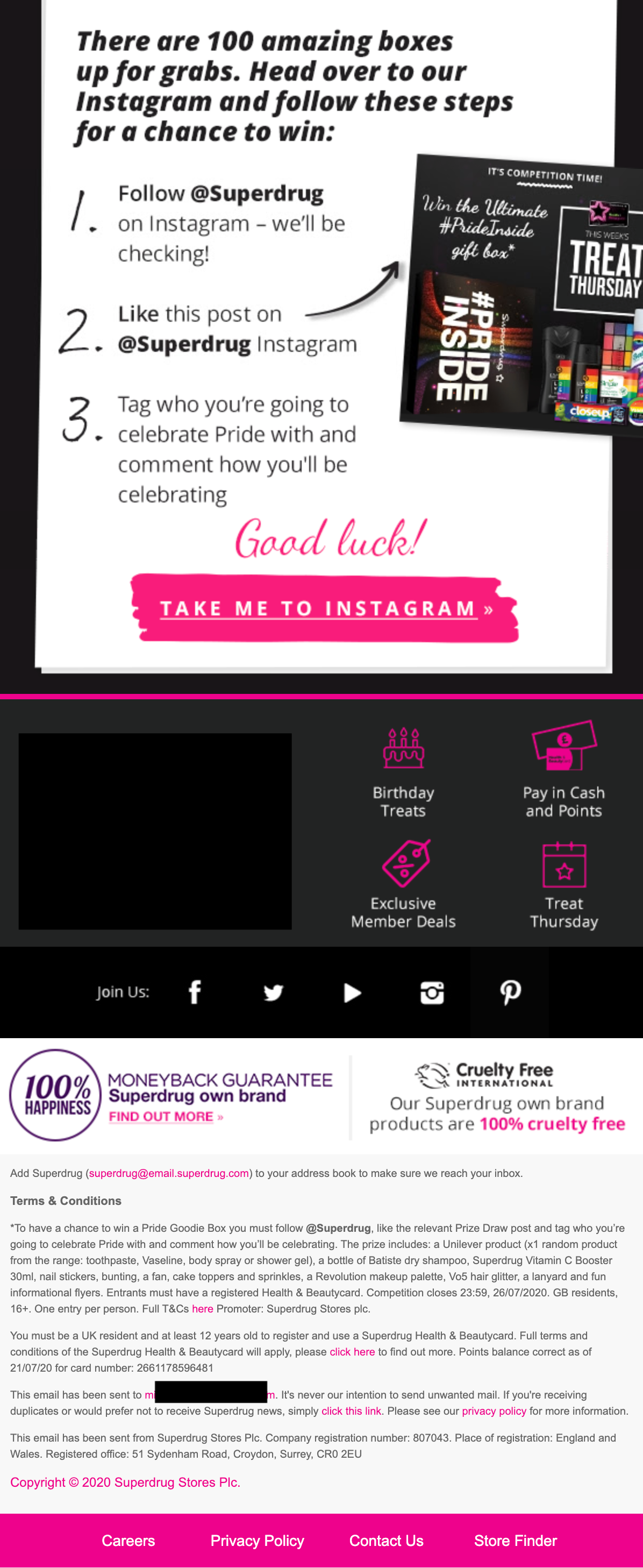 Part two of Superdrug's email that includes the terms and conditions of their competition in the footer.