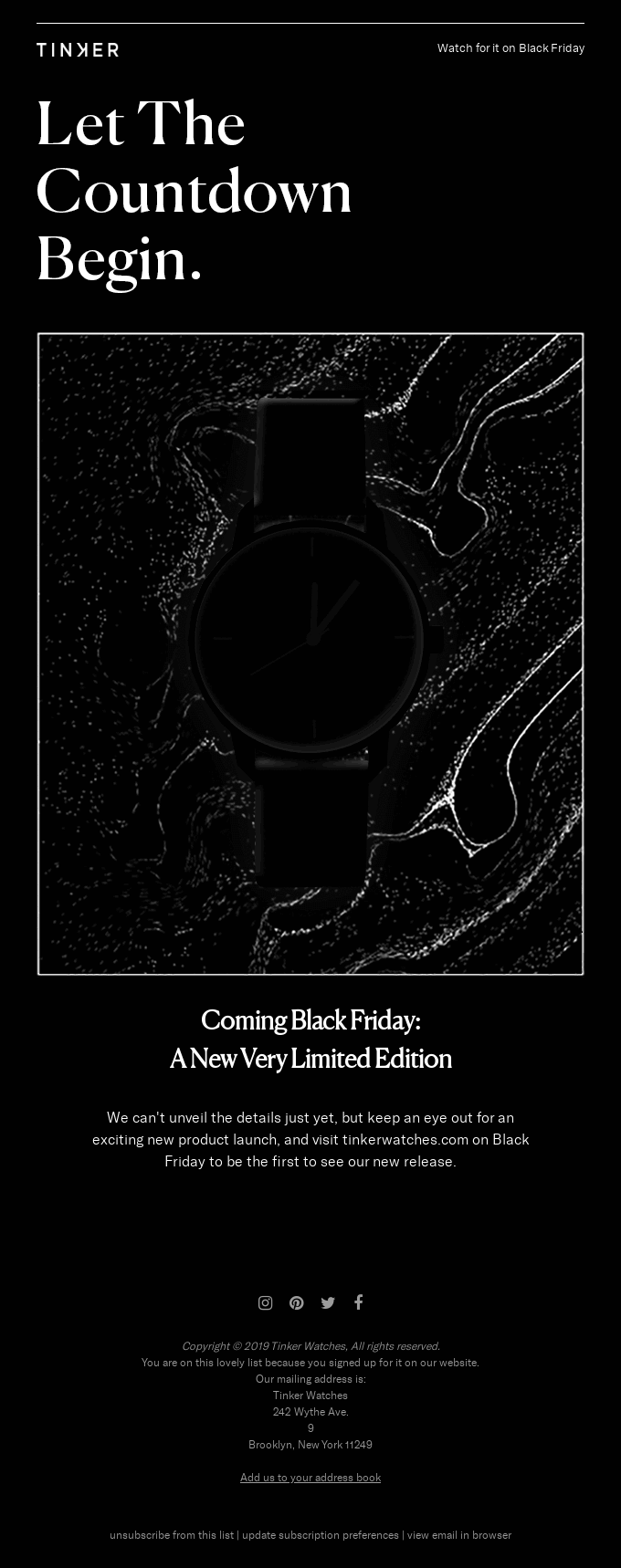 Example of a Black Friday email from Tinker Watches
