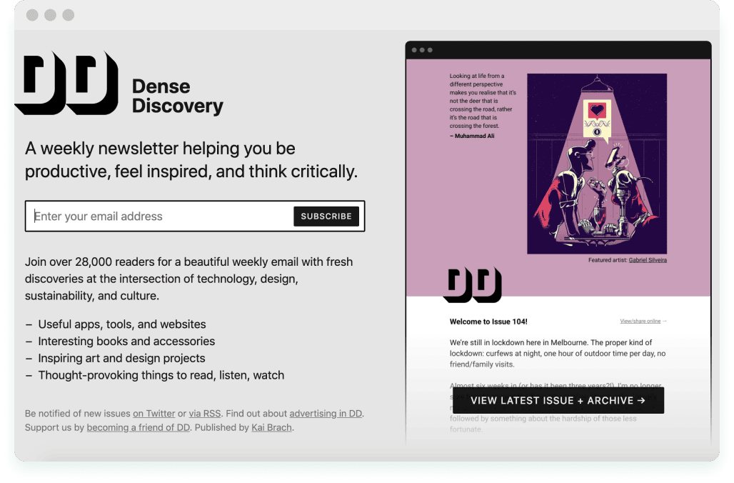 A screenshot of Dense Discovery's landing page