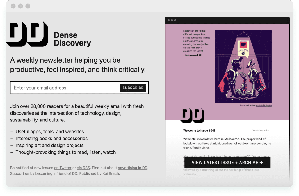 A screenshot of Dense Discovery's landing page